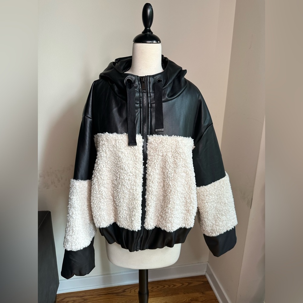 DKNY faux leather and Sherpa zip up jacket. Size large. Sporty & Chic. Newer